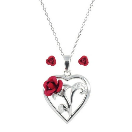 - Sterling Silver Red Rose Heart Pendant, 18