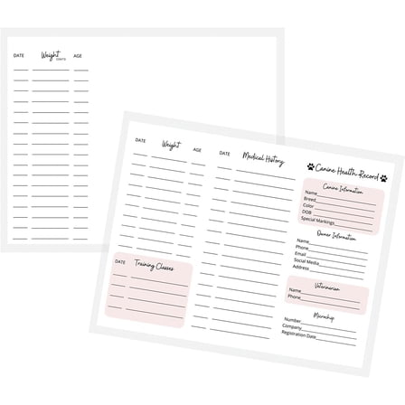 Canine Health Record Form  Physical Printed 8.5x11" inches Standard Paper Size  Pet Supplies  Pet Health Records  Wellness Tracker  White and Pink Design