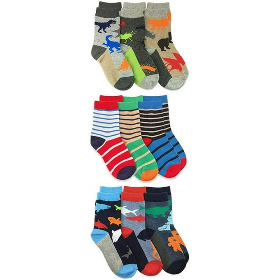 Jefferies Socks Boys Fashion Dinosaur Shark Animal Stripe Pattern Crew Socks 9 Pair Pack