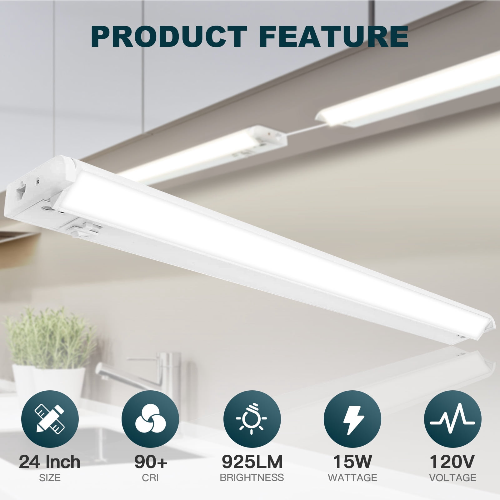 24 Inch LED Under Cabinet Lighting, 15W, 925LM, 5CCT 2700-5000K,CRI>90, 70 Degree Swivel Lens, Dimmable, 120V, Hardwired or Plug-in, Linkable Under Counter Lights For Kitchen Counters Closets