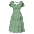 thumbnail image 1 of Vestido Belle Poque 2025 con cuello cuadrado y volantes escalonados, verde, 1 of 8