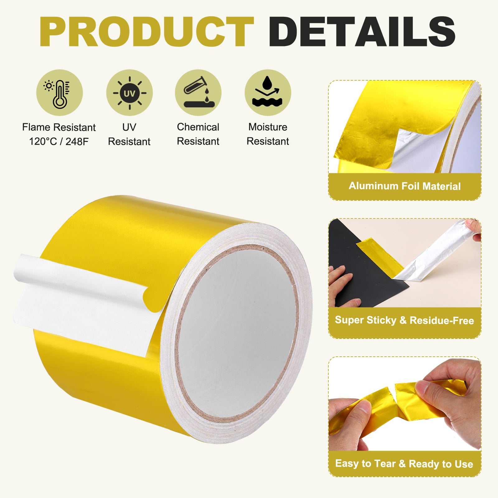 Uxcell Aluminum Foil Tape (3.15" x 66ft, 2.36mil, Gold) (1 Roll) Heat Resistant Metal Tape, for HVAC Sealing Patching Hot Cold Air Ducts