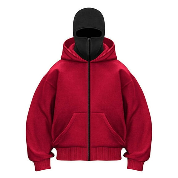 ZHANGDER Balaclava Zip Hoodie Men Women Plain Hoodie Warm with Balaclava Casual Hoodie with Zip and Pocket Loose Sweat Jacket Y2K Tops, Red XL