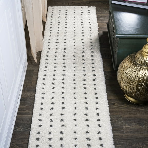 JONATHAN Y MOROCCAN HYPE Pele Geometric Dot Shag Runner Rug, 2 x 10, White/Gray