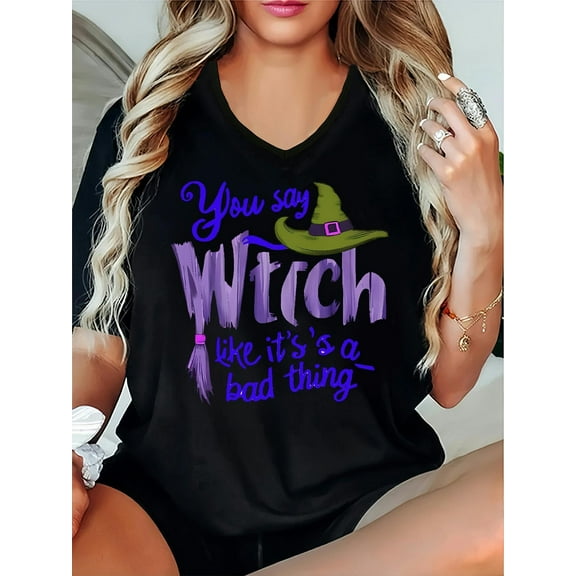 Women'S  Halloween T-Shirt - Funny Witch Saying "You Say Witch Like It'S a Bad Thing" - Black with Purple Text - V-Neck Short Sleeve Top - Breathable Everyday & Halloween Party Outfit