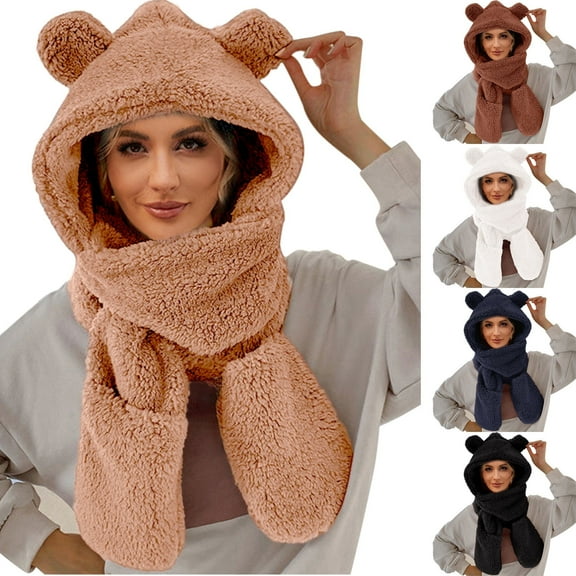 FCLoft Women's Winter Warm Hooded Scarf - 2 In 1 Cute Bear Ear Plush Windproof Cap