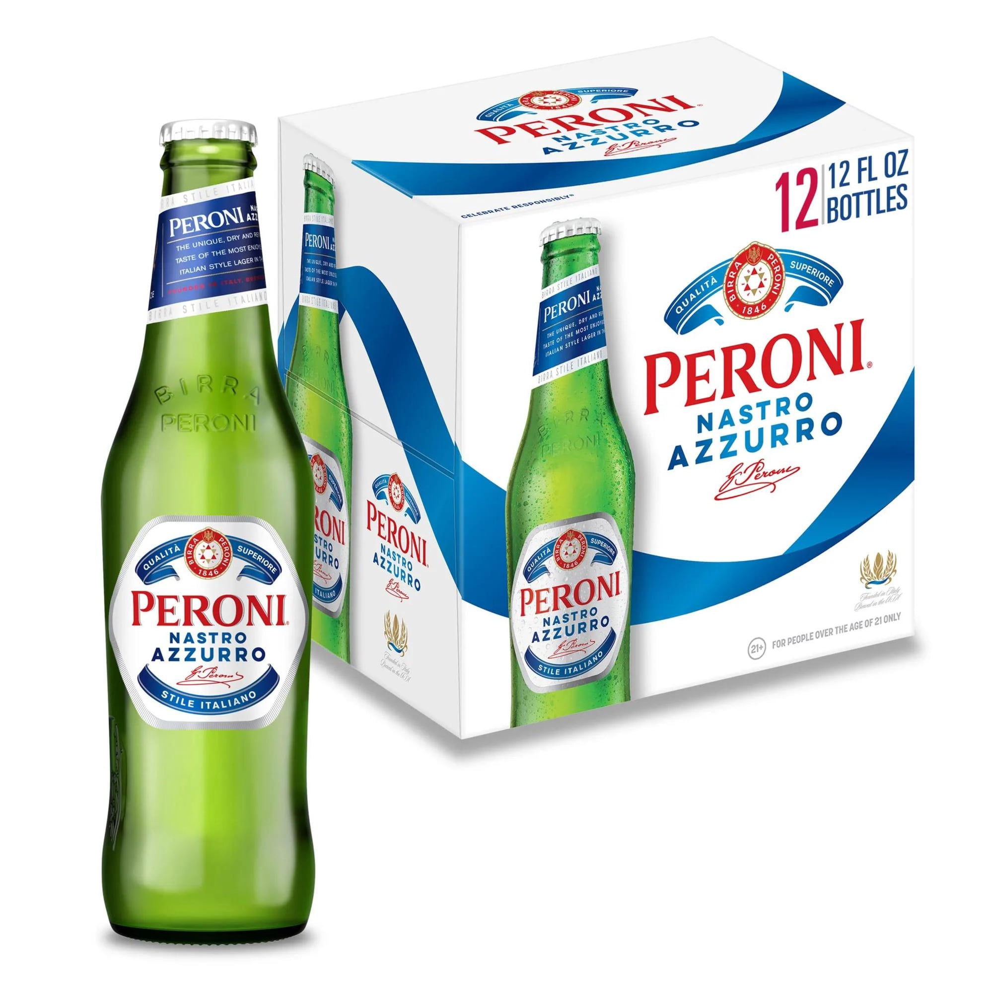 Peroni Nastro Azzurro Beer, 12 Pack, 12 fl oz Glass Bottles, 5% ABV