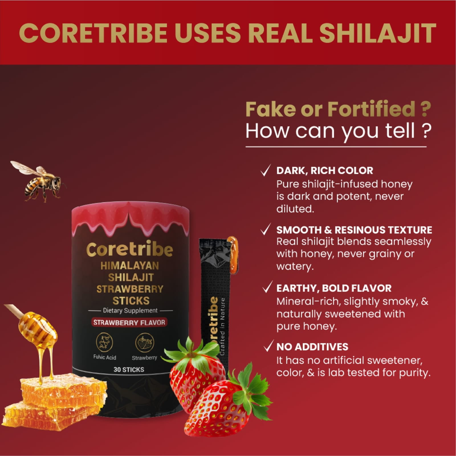 CoreTribe® Shilajit Resin, Strawberry Honey Sticks—Energy, Immunity, Fulvic Acid Men and Women 30 Sticks