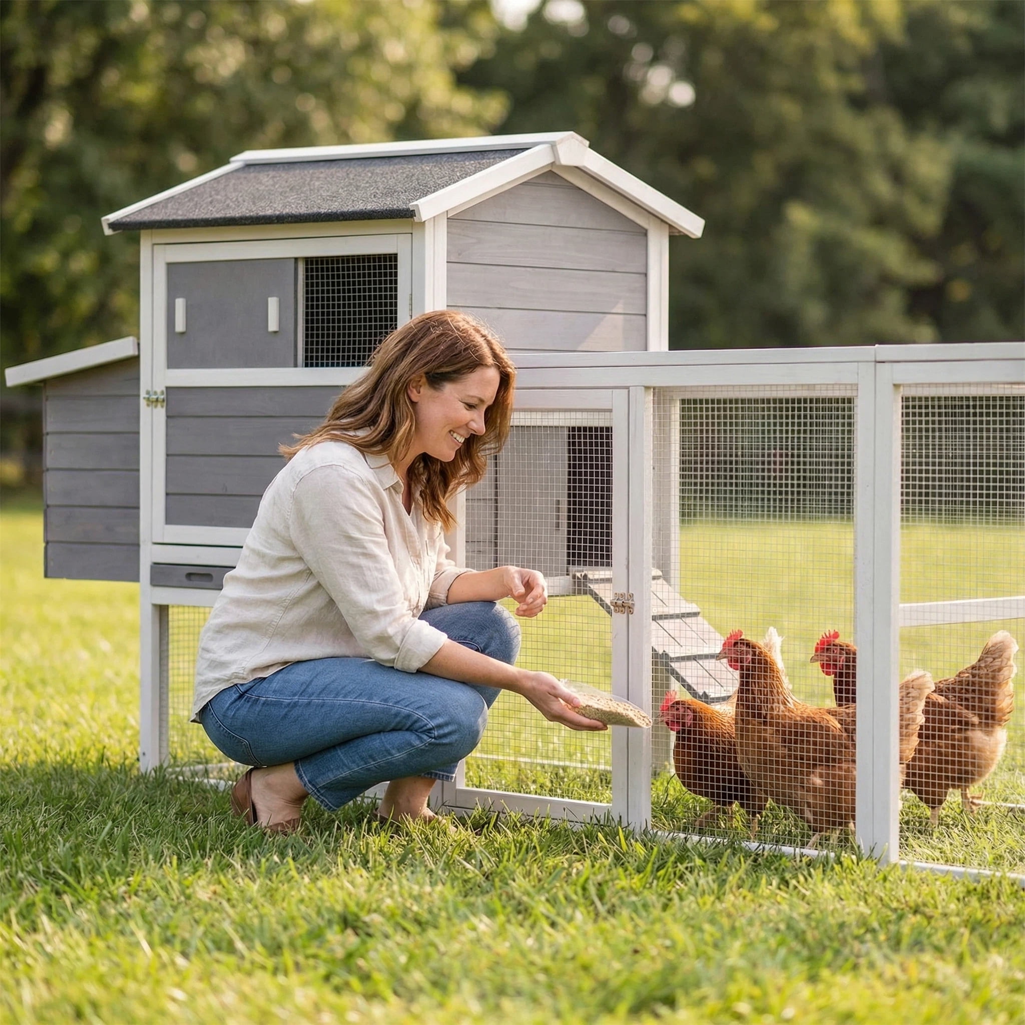 Gray Wooden Chicken Coop, Large Outdoor Hen House with Run and Nesting Box Poultry Cage, Rabbit Hutch, Waterproof Anti-UV Panel for Backyard