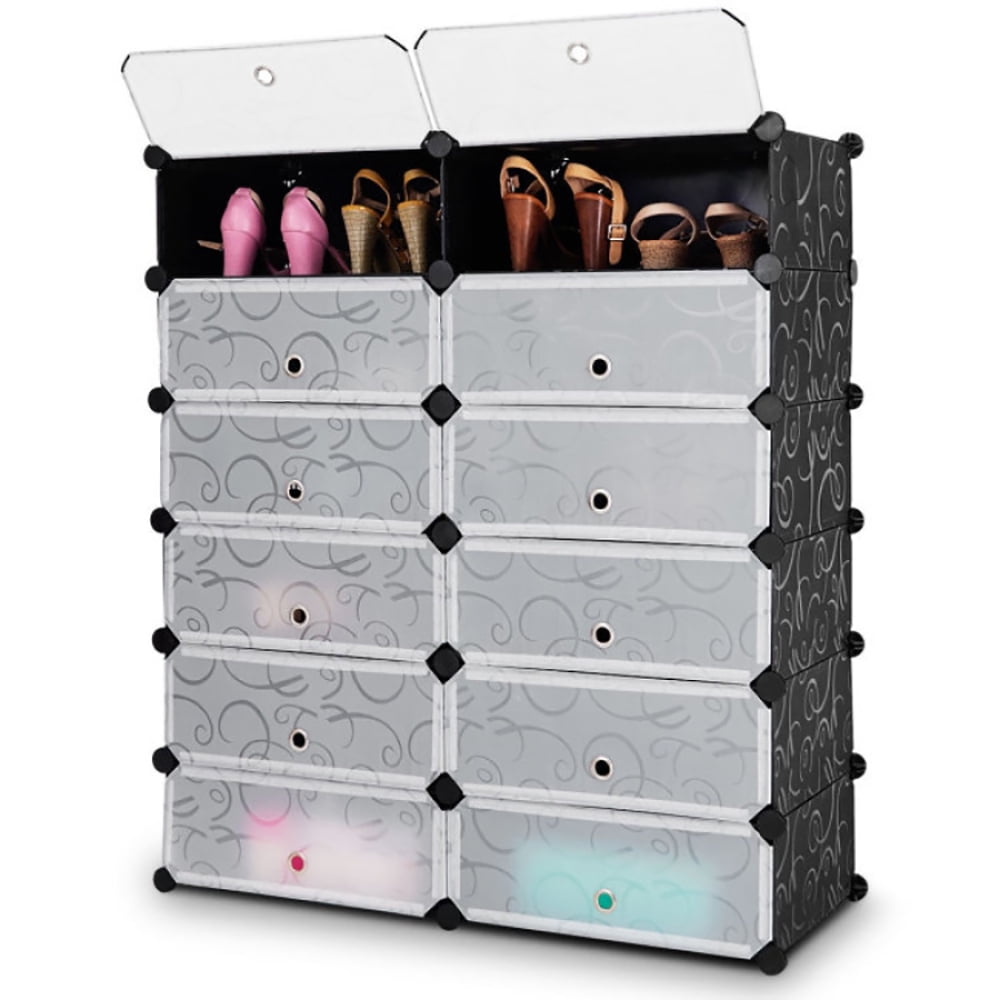 Barara King Storage Organizer Unit, Shoe Storage Organizer, Storage Shelf,12-Cube DIY Portable Plastic Shoe Rack with Transparent Doors-Black