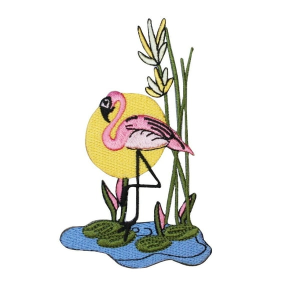 ID 0023 Flamingo Sunset Patch Pink Bird Wading Pond Reeds Craft Iron-On Applique