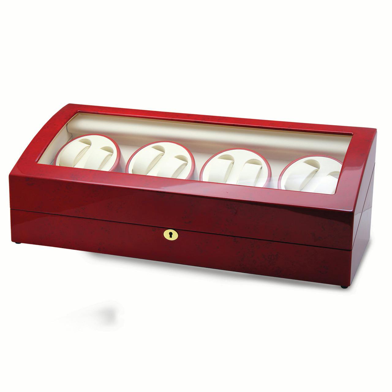 Rotations High Gloss Red Burlwood Finish with Acrylic Window Faux Leather Lined Locking Wooden 8-Watch Winder with 9-Watch Storage Area (AC Powered) QGM13141
