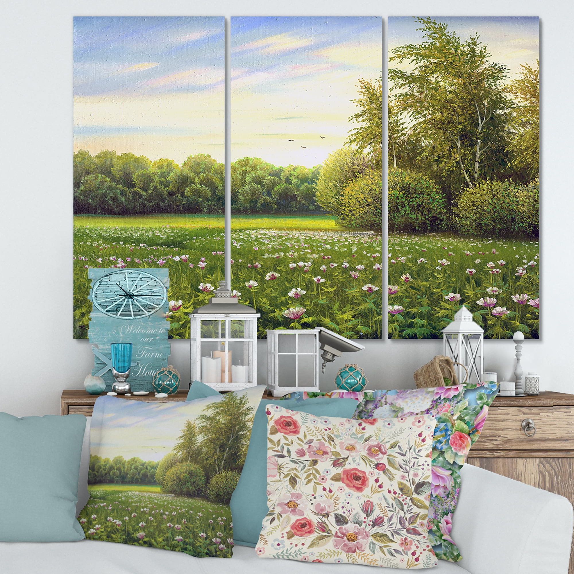 Designart ' Spring Trees By The Flowers and Meadows ' Country Canvas Wall Art Print