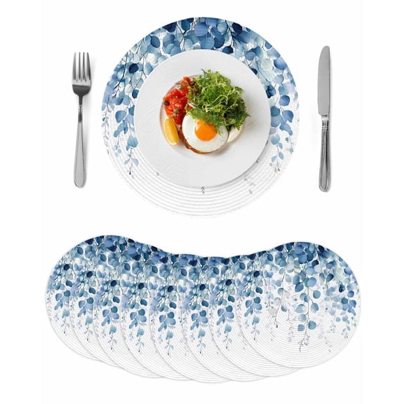 Blue Eucalyptus Leaves Round 13 Inch Placemats Set of 8, Summer Botanical Weeping HeatResistant Non Slip Place Mats for Dining Table, Wipeable Braided Kitchen Table Mats for Housewarming