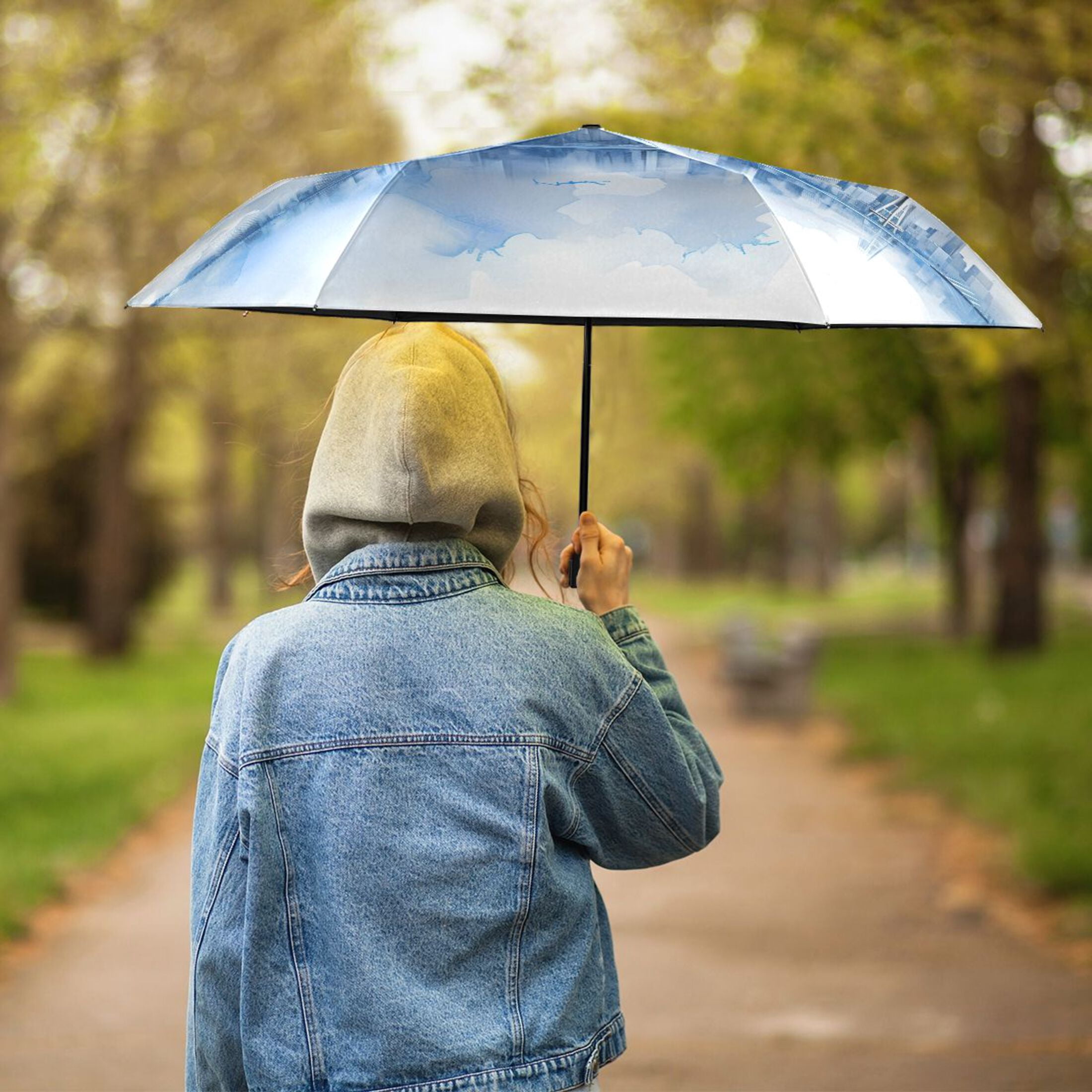 Watercolor Seattle Skyline Compact Sun Umbrella Windproof Travel Umbrellas for Rain Strong Portable UV Protection