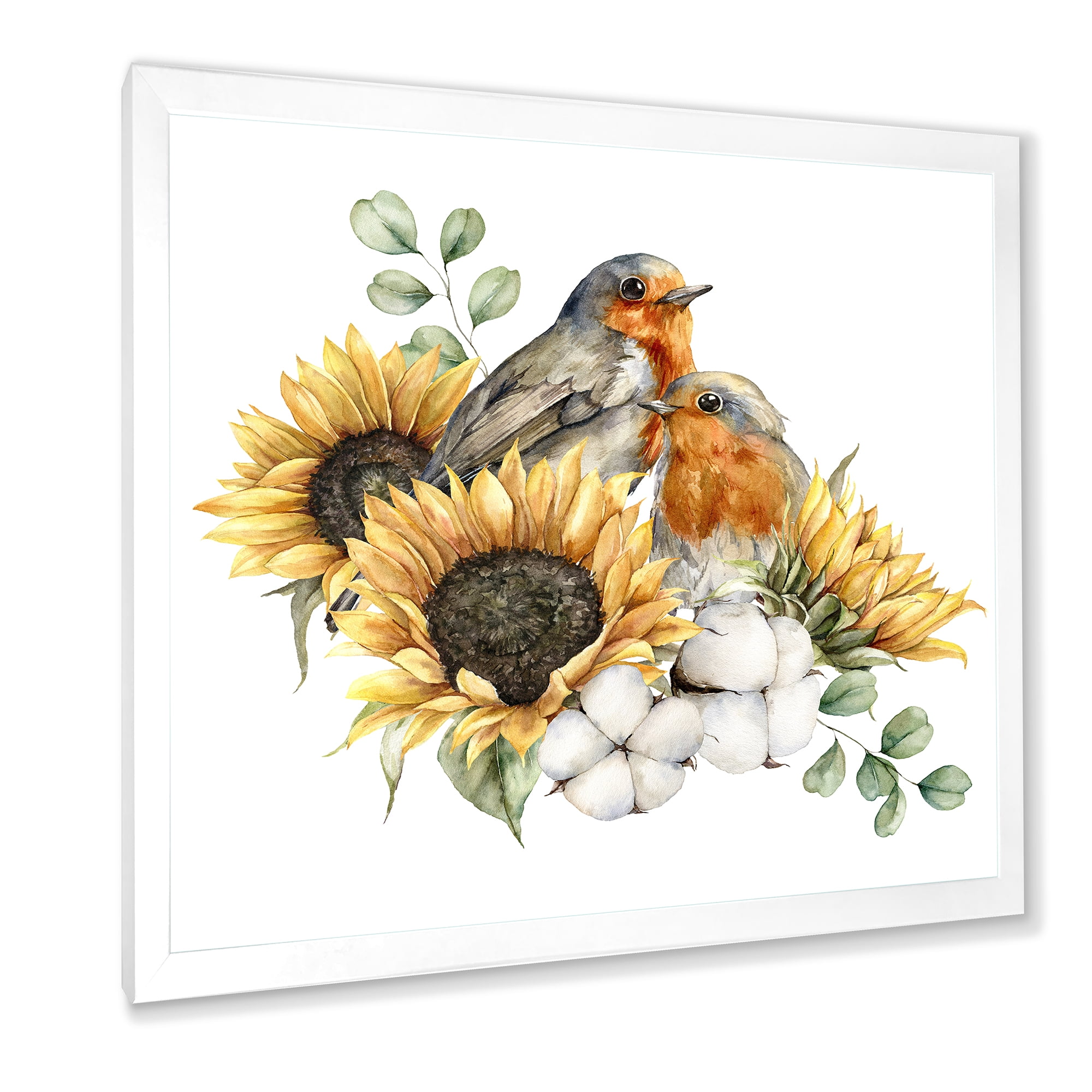Designart 'Autumn Bouquet With Robin Redbreasts Sunflowers Cotton' Traditional Framed Art Print