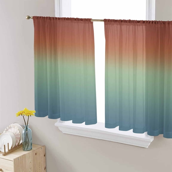 Burnt Orange Teal Ombre Semi Sheer Curtains 45 Inch Length 2 Panels Set, Modern Abstract Art Aesthetics Sheer Kitchen Curtain Privacy Voile Window Curtain for Living Room Bedroom Rod Pocket Drapes