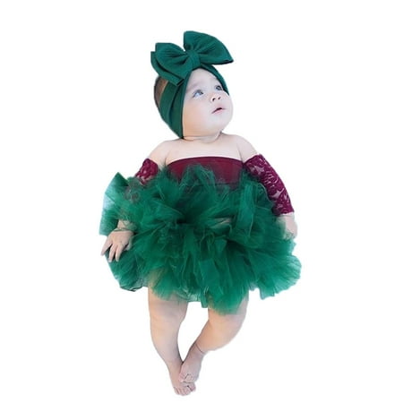

Wayren USA Infant Baby Girl Birthday Tutu Outfit Lace Long Sleeve Off Shoulder Crop Top Tulle Skirt Dress Christmas Outfits