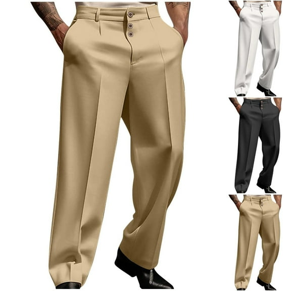 BXINGOHAI Men's Dress Pnats Khaki Classic Fit Expandable Waist Flat Front Pant and Big Tall Sizes White,S