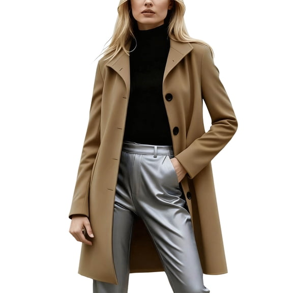 Sahpxhe Womens Trench Coat Wool Blend Lapel Single Breasted Long Sleeve Overcoat Work Office Classic Winter Outerwear Khaki XL