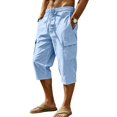 thumbnail image 2 of Linen Capri Pants for Men Big and Tall Classic Straight Leg Cargo Capris Elastic Waist Pull On Cropped Lounge Pants Light Blue 3XL, 2 of 9