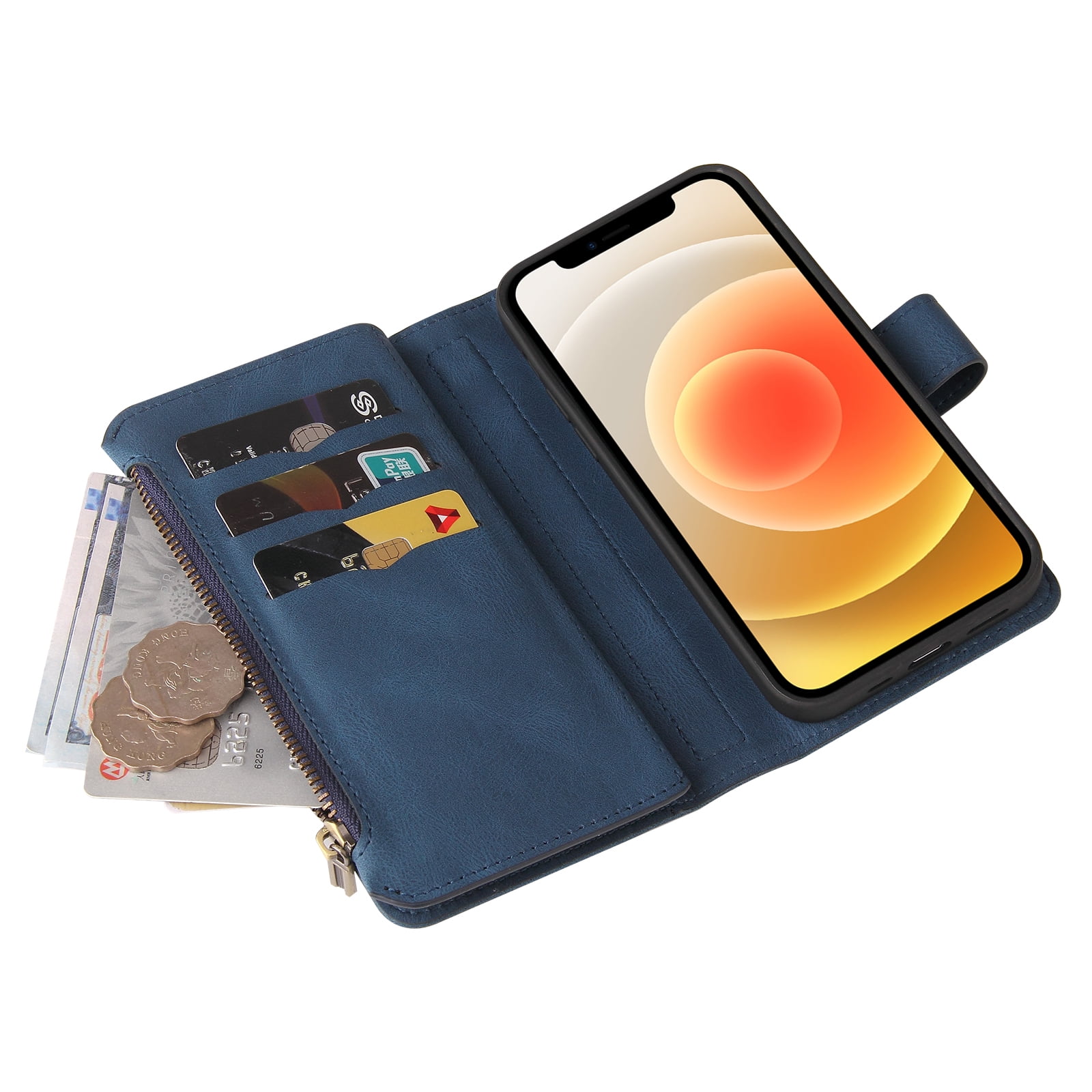 Wallet Case for iPhone 12 / 12 Pro, Magnetic Zipper Pouch Premium PU Leather with Kickstand Wallet Flip Shockproof Phone Case Wrist Strap Card Slots Holder Pocket iPhone 12 / 12 Pro,
Blue