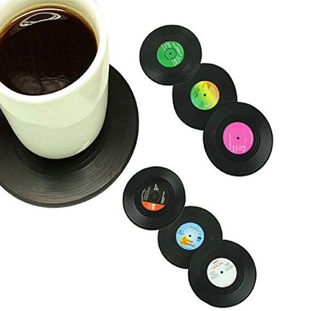 Naiovety 6 Pieces Nonslip Cup Coasters Home Restaurant Mug Pads Table Bedroom Office Mats ABS Retro Record Shaped Mostrada