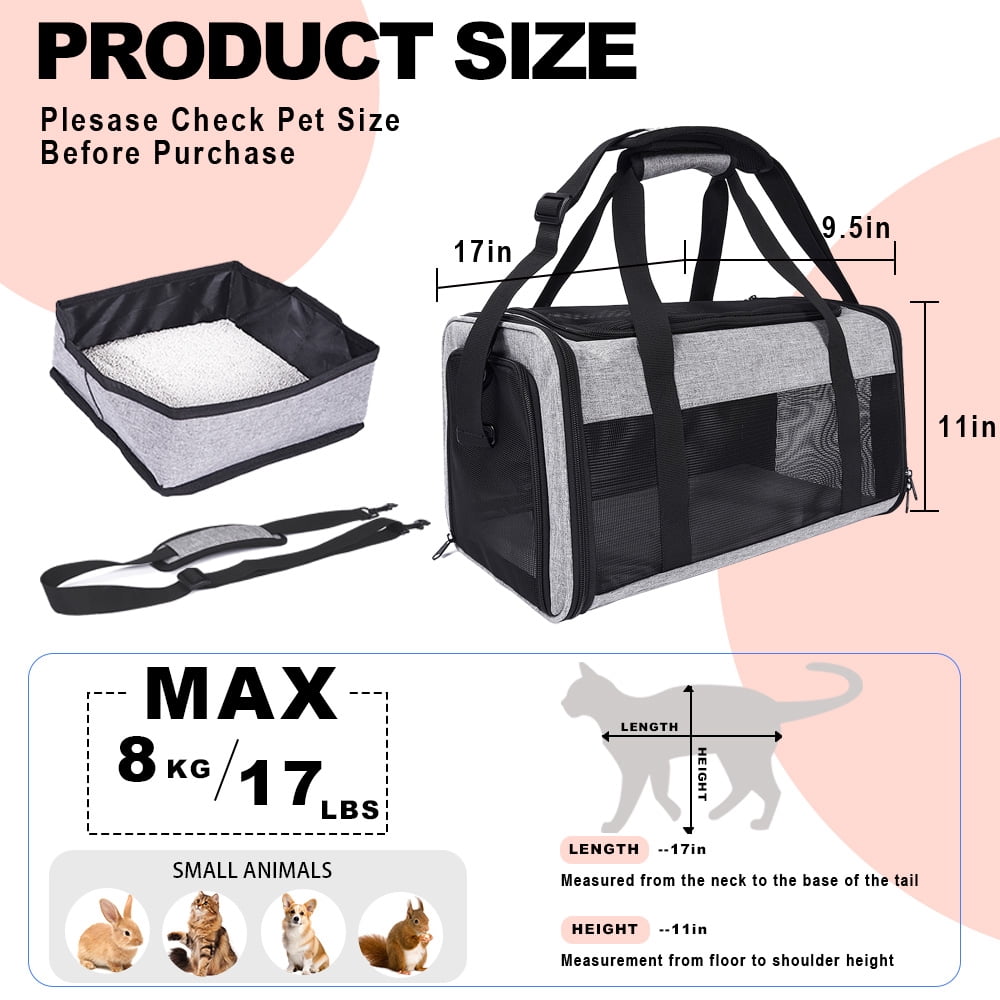 Airline-Approved Pet Carrier For Small To Medium Sized Cats And Puppies (up to 17 lbs) With Folding Litter Box, Collapsible Cat And Dog Carrier For Air Travel And Daily Trips(Grey)