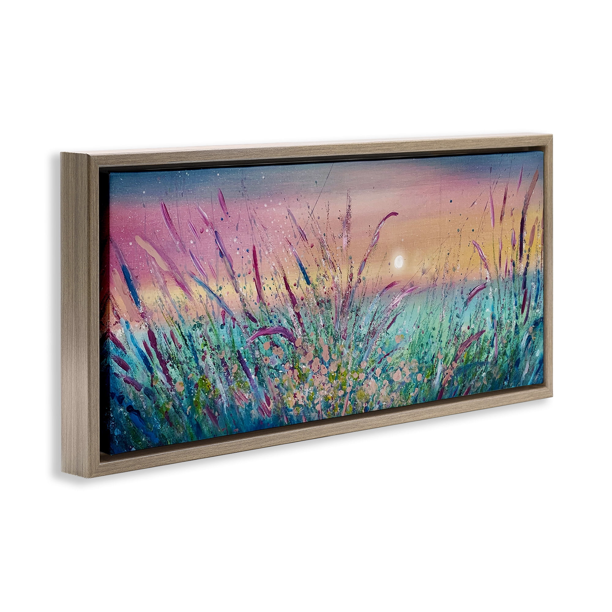 Stupell Industries Pond Reeds Sprouting at Sunset Landscape Painting Brown Floater Framed Canvas Art Print Wall Art, 31 x 14