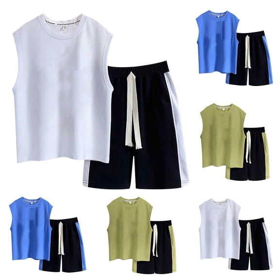 Short Sets 2 Piece Matching Clothes Set Summer Children's Boys' Sleeveless Shorts Training Sportswear Suit for Middle And Large Children Green 130