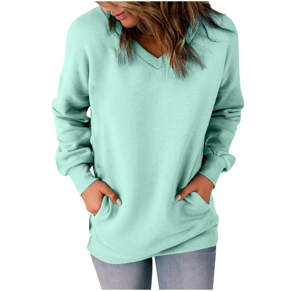 Aoochasliy Pullover for Women Clearance Women Sweatshirts Classic Solid Color Blouses V-neck Loose Hoodies with Pocket