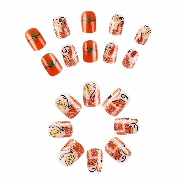 RAGUPEL Fall Press on Nails Short Square Maple Leaf False Nails Glitters French Tip Orange Pumpkin Thanksgiving Artificial Nail