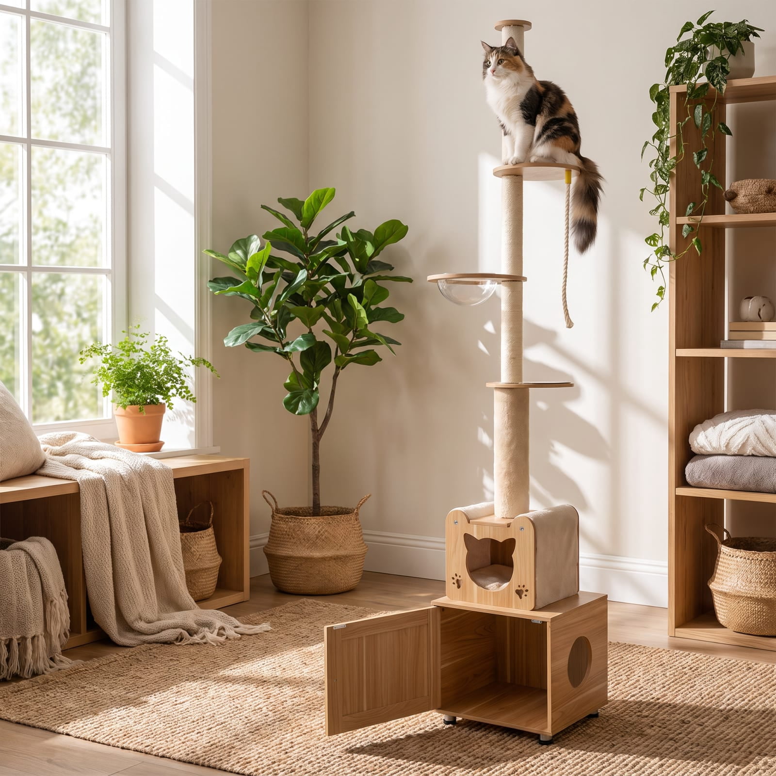 Vebreda Floor-to-Ceiling Cat Tree with Hidden Litter Box Enclosure, Adjustable Cat Tower with Condo, Sisal Scratching Posts, 101-108.5 Inch, Brown