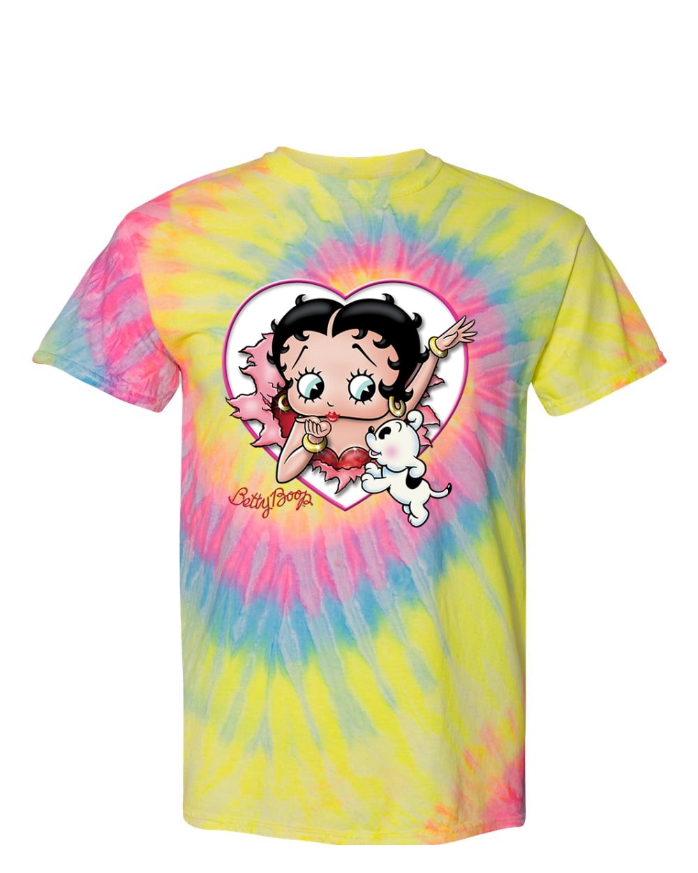 Wild Bobby Betty Boop Heart Blowing Kiss Pudgy Dog Betty Boop Tie-Dye T-Shirt, Dayglo, X-Large ...