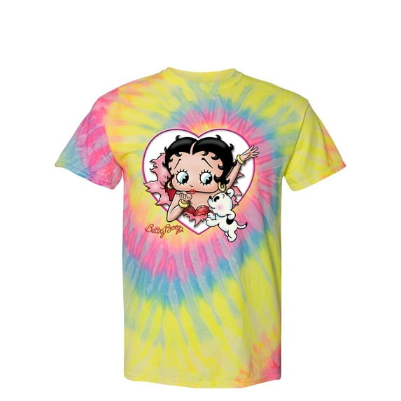 Wild Bobby Betty Boop Heart Blowing Kiss Pudgy Dog Betty Boop Tie-Dye T-Shirt, Dayglo, Small