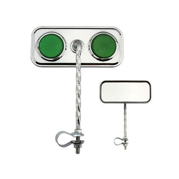Two Rectangle Twisted Mirrors Chrome Green Reflectors. Set of bike mirrors. Pair of bicycle mirrors. 2 bike Mirrors.