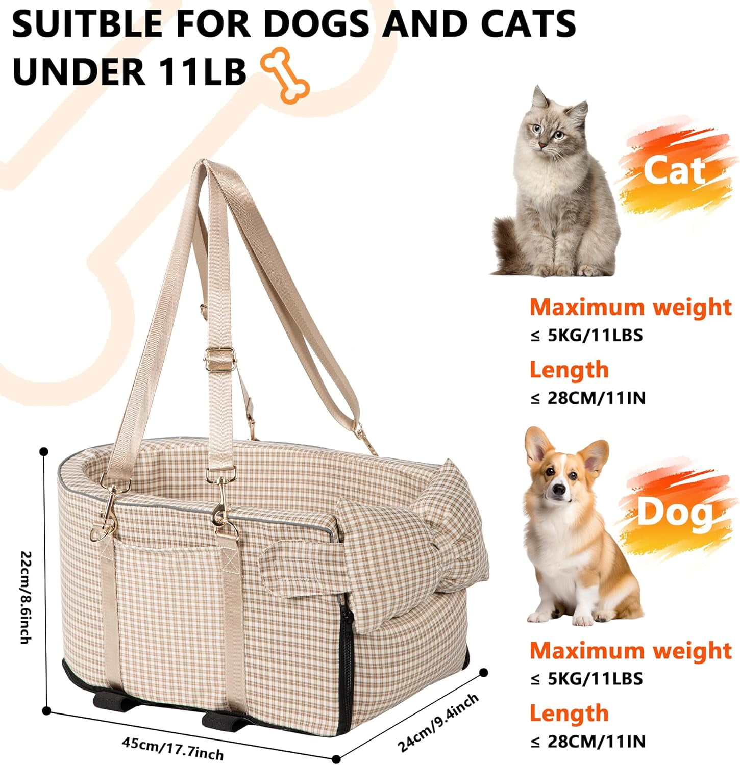 Sparklane - Center Console Dog Car Seat for Small Dog Removable Pet Car Seat with Cushion Board Safety Belt Console Dogs Seats for Mini Pet Puppy Up to 15 Lbs