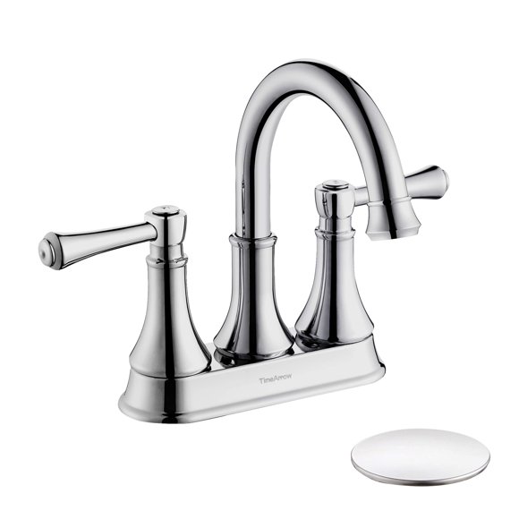 TimeArrow Chrome 4 Inch Two Handle Centerset Bathroom Sink Faucet 3 Holes with Pop up Drain, High Arc Modern Bathroom Vanity Lavatory Faucet with Brass 360° Swive