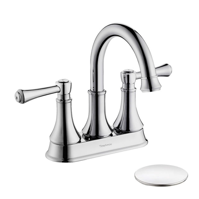 TimeArrow Chrome 4 Inch Two Handle Centerset Bathroom Sink Faucet 3 Holes with Pop up Drain, High Arc Modern Bathroom Vanity Lavatory Faucet with Brass 360° Swive