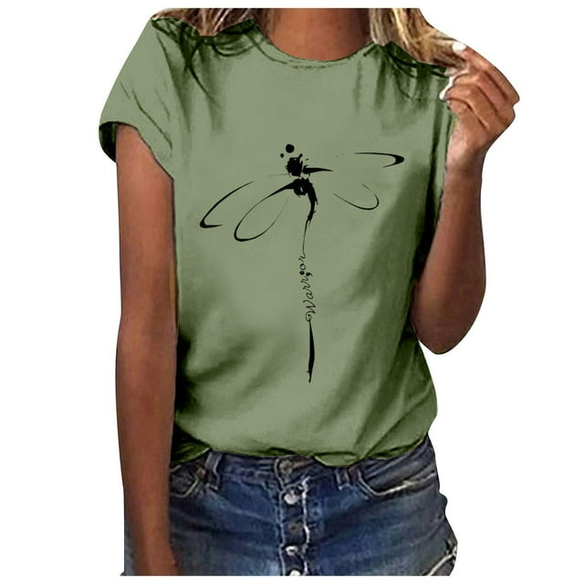 Fgnfyis Hauts pour Femmes T-Shirt Court Chemise Décontractée Tunique à Manches Imprimé Col Rond Lettres Hauts Blouse T-Shirts à Manches Courtes pour Femmes Vert Clair TG