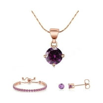 Paris Jewelry 18k Rose Gold 6 Ct Round Created Amethyst Set of Necklace, Earrings and Bracelet Plated