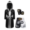 thumbnail image 3 of Sinleey Kids Boys Girls 3Pcs Boxing Suit Satin Hooded Boxing Robes with Boxer Shorts and Punching Sparring Gloves Set Black&Silver 12, 3 of 9