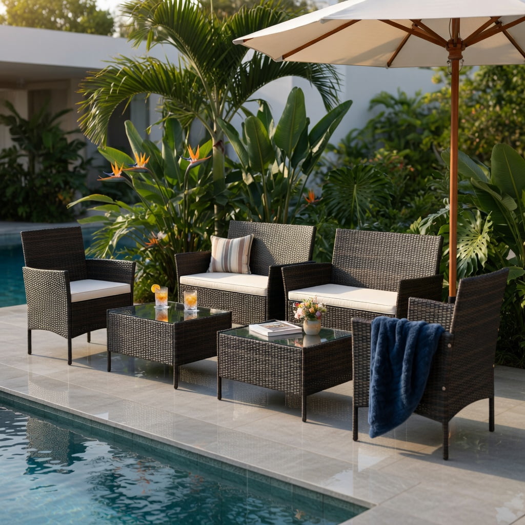 Hommoo 4-Piece Outdoor Rattan Patio Conversation Set with Plush Cushions, Loveseat, 2 Chairs & Tempered Glass Coffee Table, Weather-Resistant PE Wicker for Backyard, Poolside & Porch, Brown