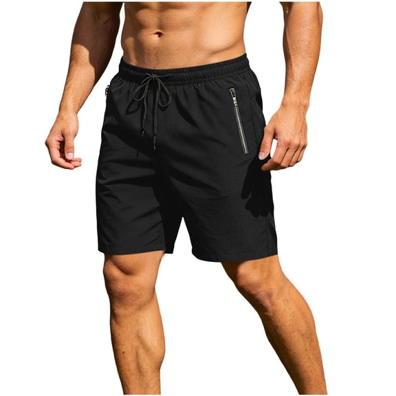 Ohufall Men's Shorts Zipper Pocket Drawstring Solid Color Shorts Elastic Waist Running Sport Casual Short Pants