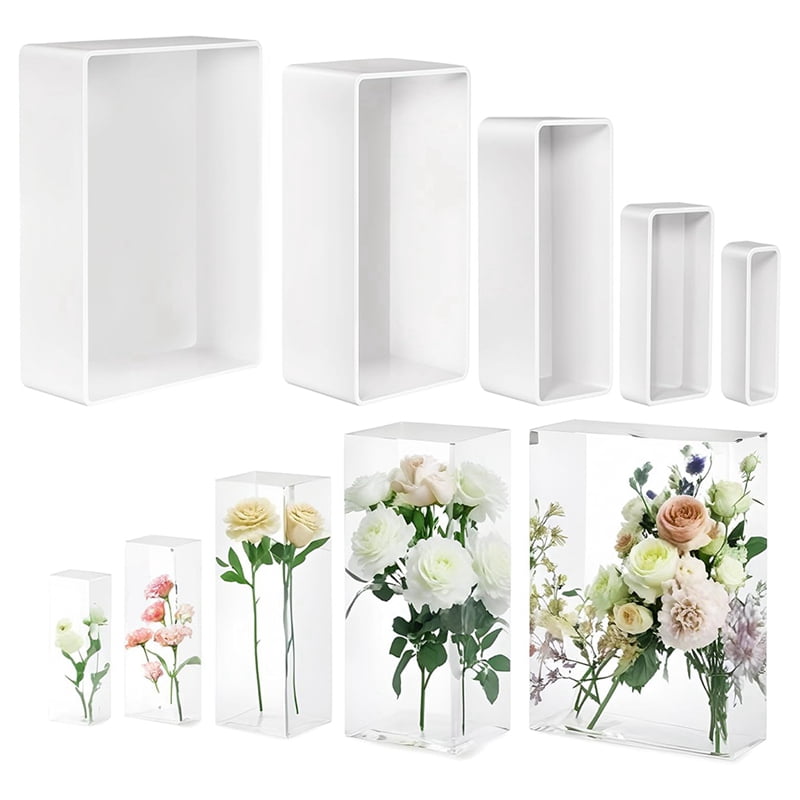 5 Pcs Silicone Resin Molds Set with Wooden Support, Large Rectangle Epoxy Casting Molds for DIY Decor