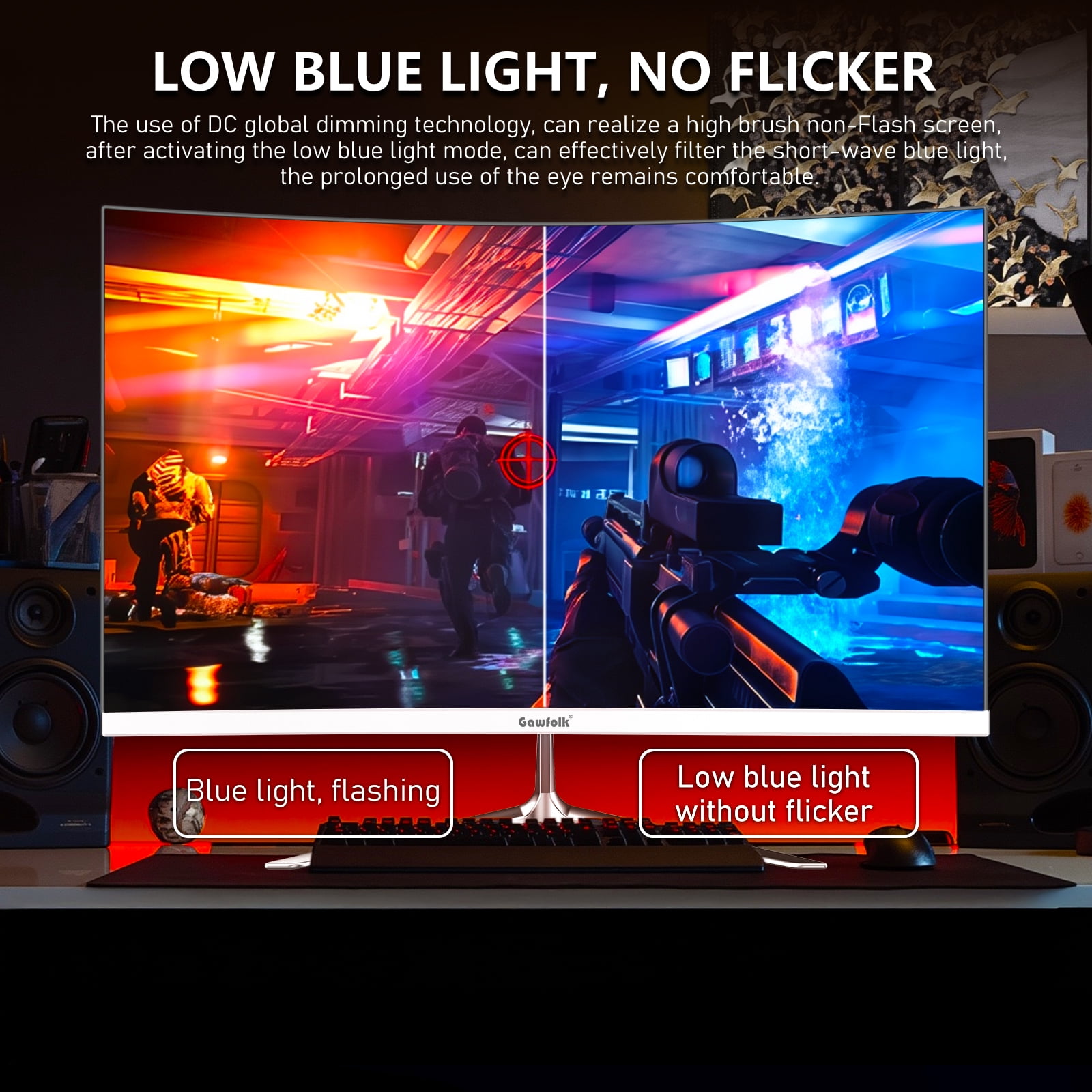 Gawfolk 24.5"  Gaming Monitor Curved 1080P 120Hz with Built-in Speakers,Upports 75×75mm Wall Mount, Black