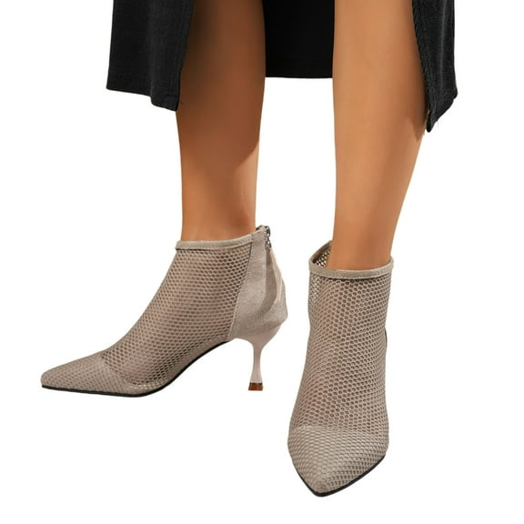 Womens Pointed Toe Stiletto Heels Rhinestone Booties Fashion Mesh Ankle Boots Ballroom Dance Shoes Sandal Heels, Khaki, Size 6.5