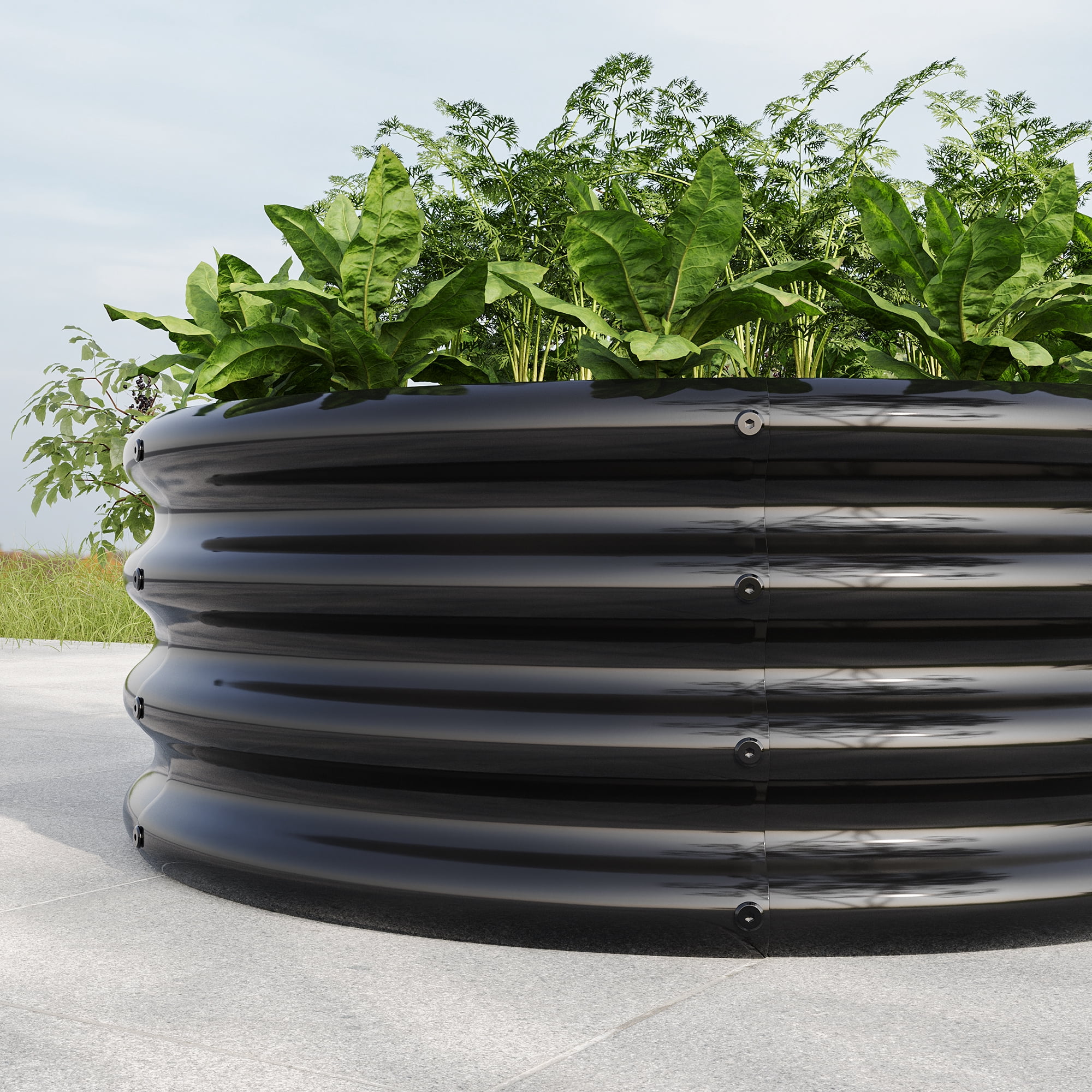 Galvanized Metal Planter Box, 32.08"x11.4" Tall Round Outdoor Raised Garden Bed, Black Backyard Patio Planter Raised Beds for Flower, Herbs, Fruits