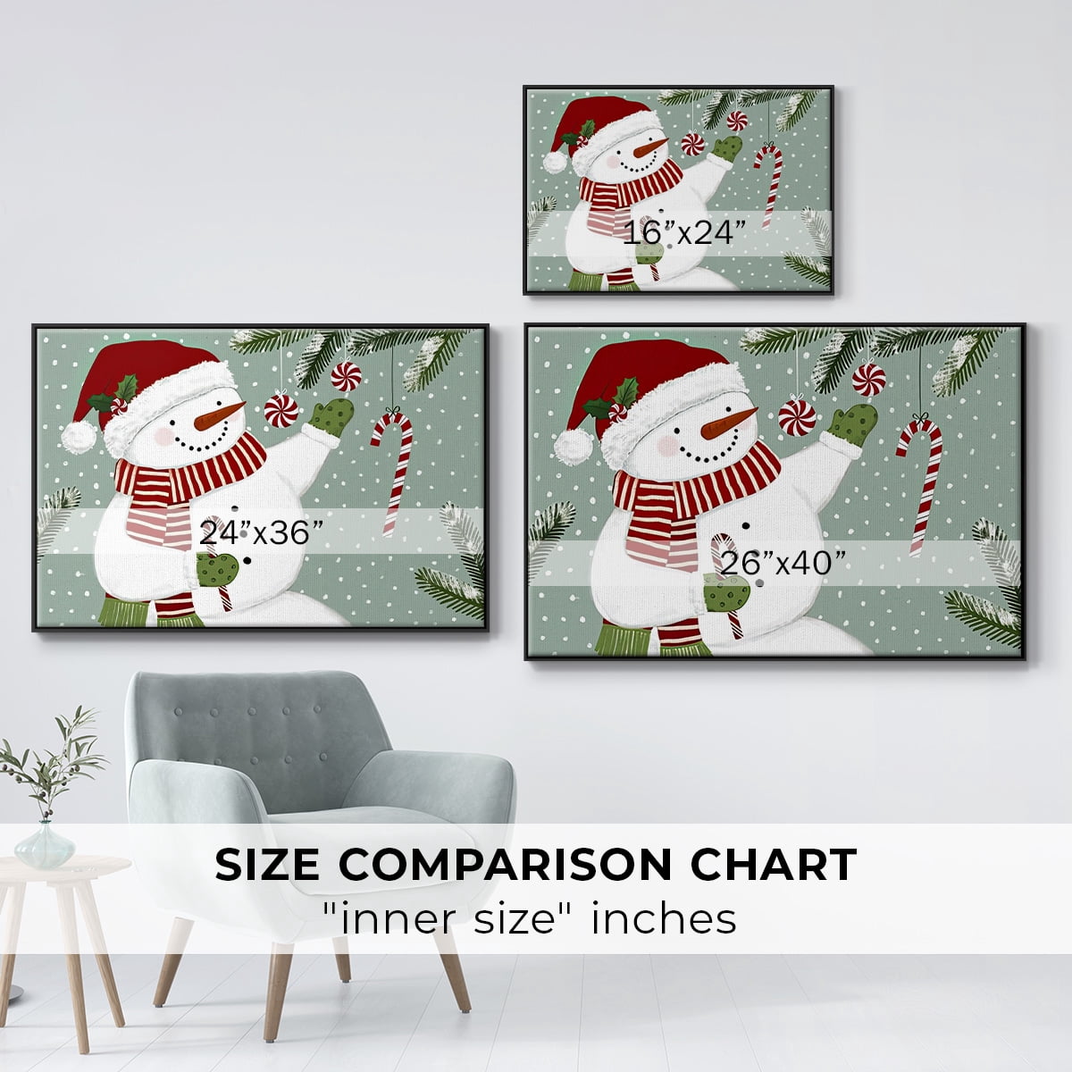 Peppermint Snowman Collection A - Framed Gallery Wrapped Holiday Canvas - 27 x 41 - Black Frame