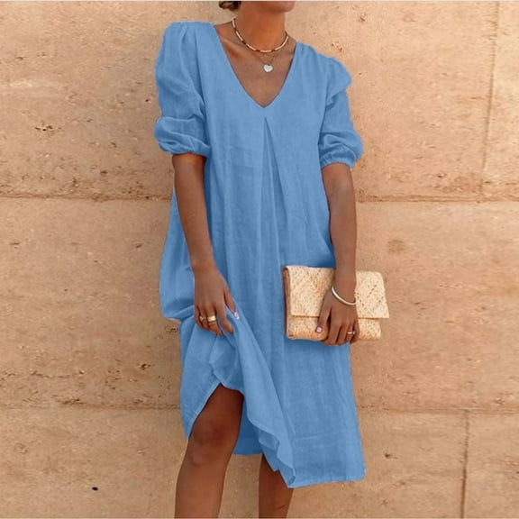 Usmixi Summer Dresses for Women Loose Plus Size Breathable Cotton Linen Knee-Length Dresses Short Sleeve V-Neck Solid Midi 2023 Casual Dress Blue m